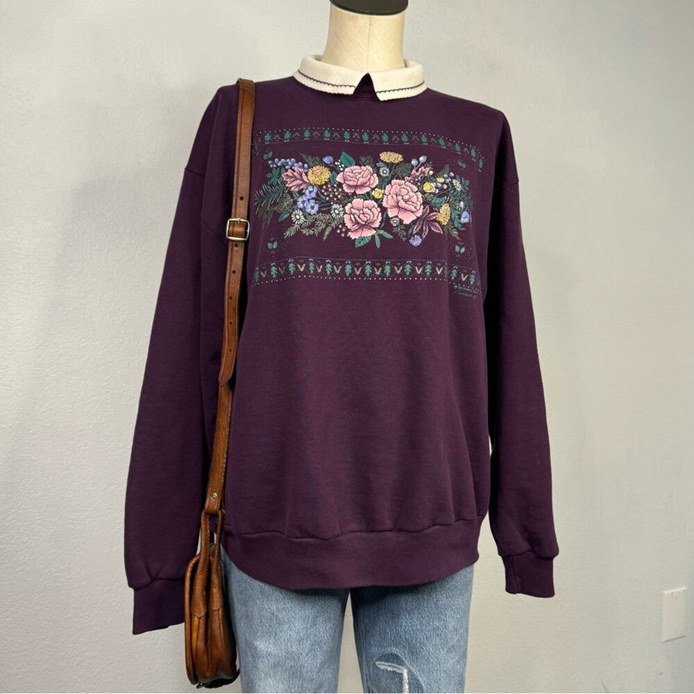 Vintage 90s Purple Flower Crewneck Sweatshirt Collar Cottagecore Granmacore - Picture 3 of 8